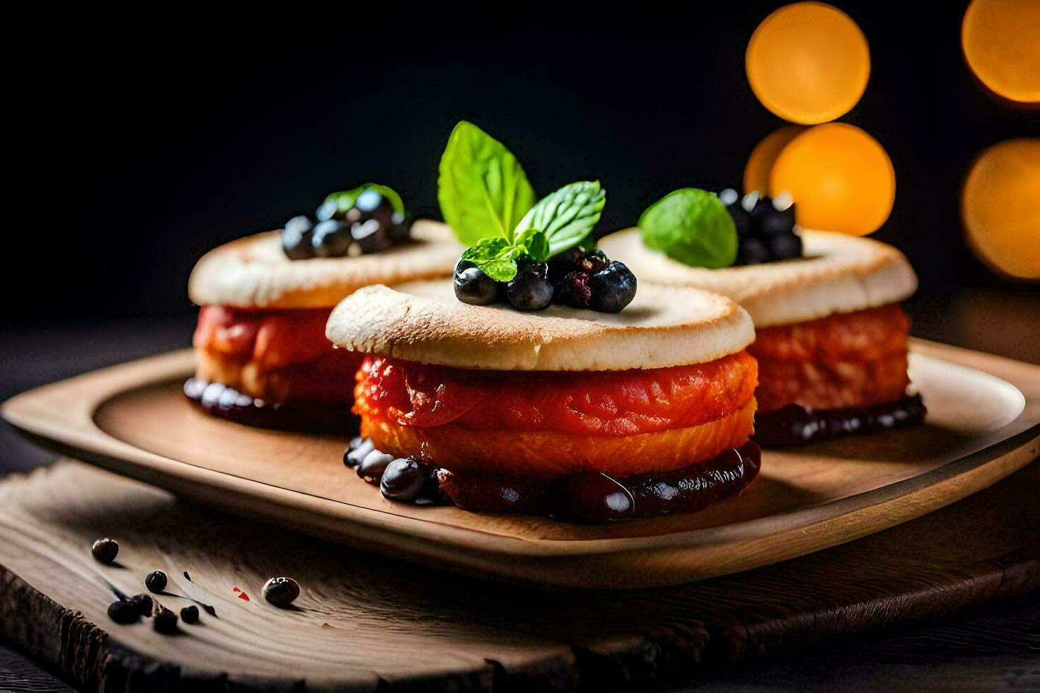 three small sandwiches with fruit and blackberries on a wooden plate. AI-Generated photo