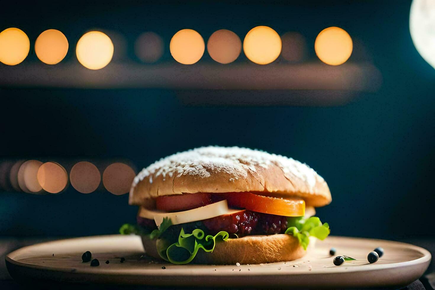 a hamburger is sitting on a plate with lights in the background. AI-Generated photo