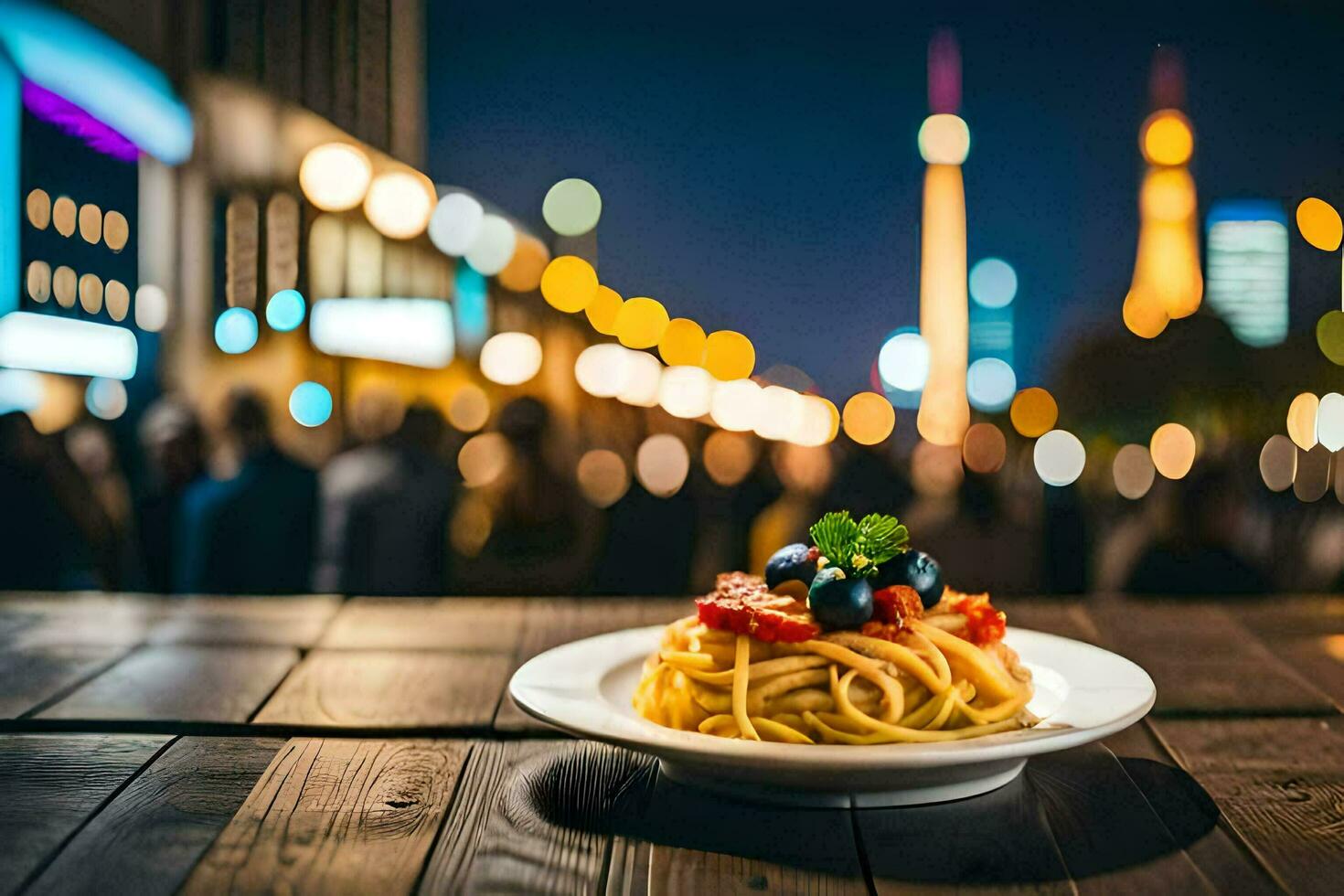 spaghetti with tomato and blueberries on a plate. AI-Generated photo