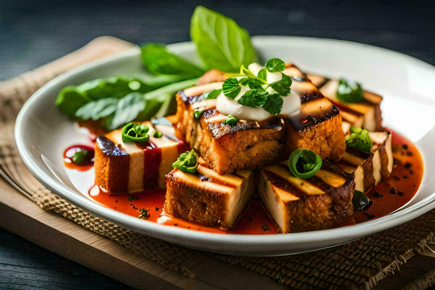 a plate of tofu with sauce and garnish. AI-Generated photo