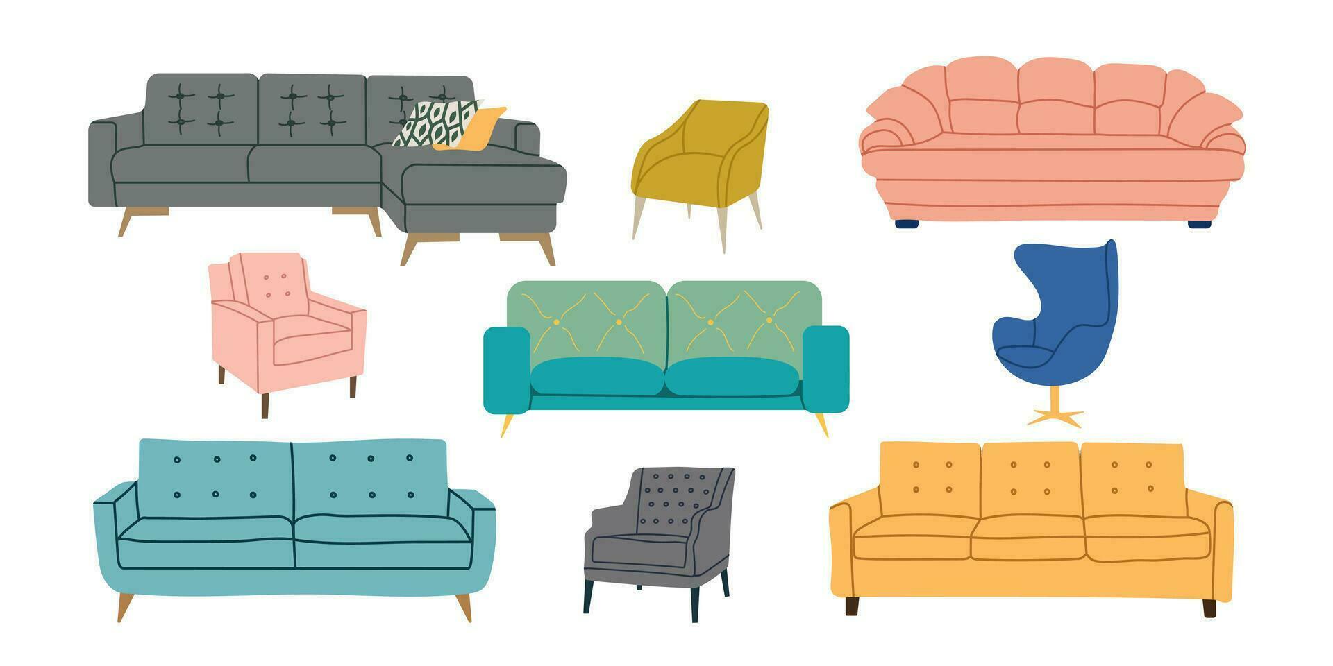 Set of trendy sofas, armchairs with cushions. Modern soft furniture collection. Colored flat vector illustration isolated on white background. All elements isolated.