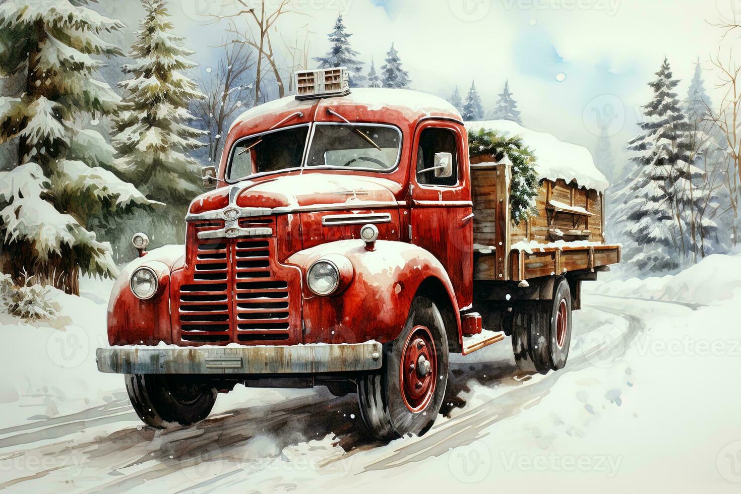 Watercolor retro vintage landscape with a Christmas truck on the background of a winter village. Ai art photo