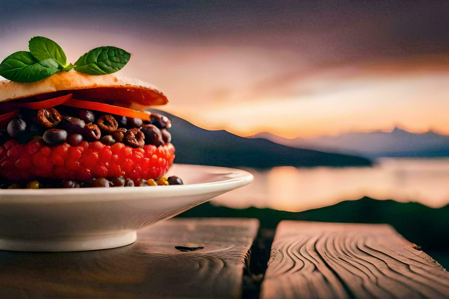 a plate with a burger on it with a view of the mountains. AI-Generated photo