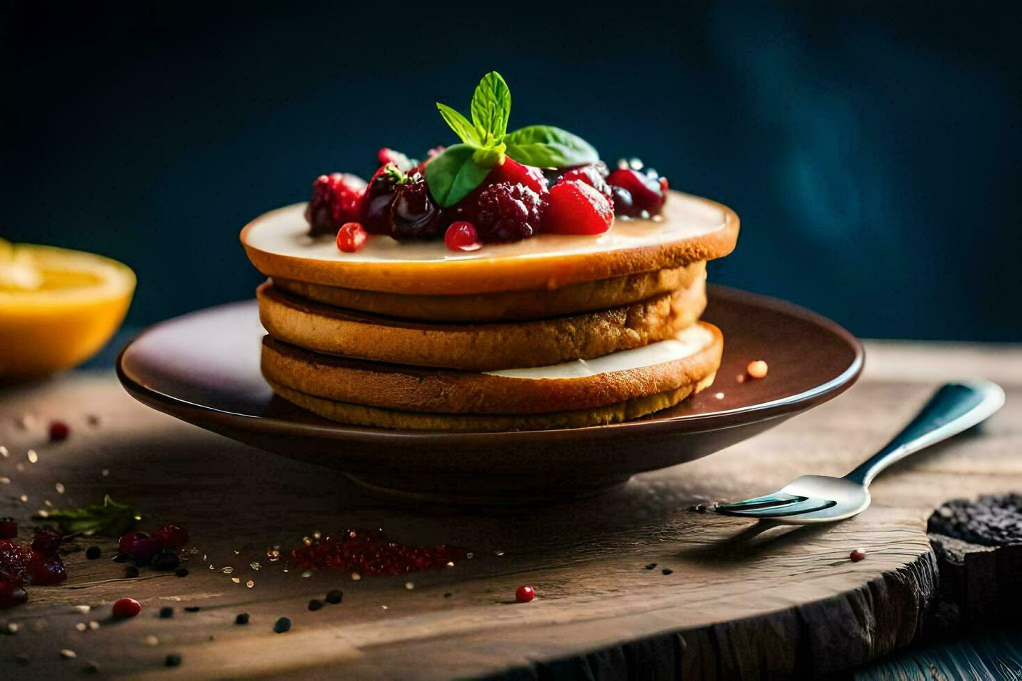 stack of pancakes with berries on top. AI-Generated photo