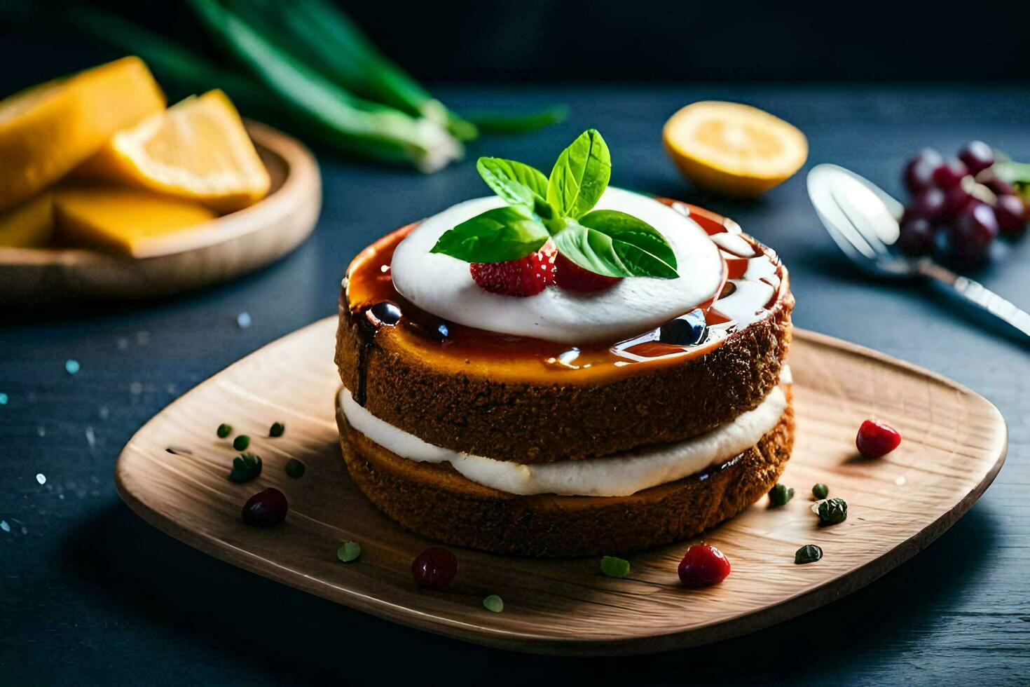 cake on a wooden plate. AI-Generated photo