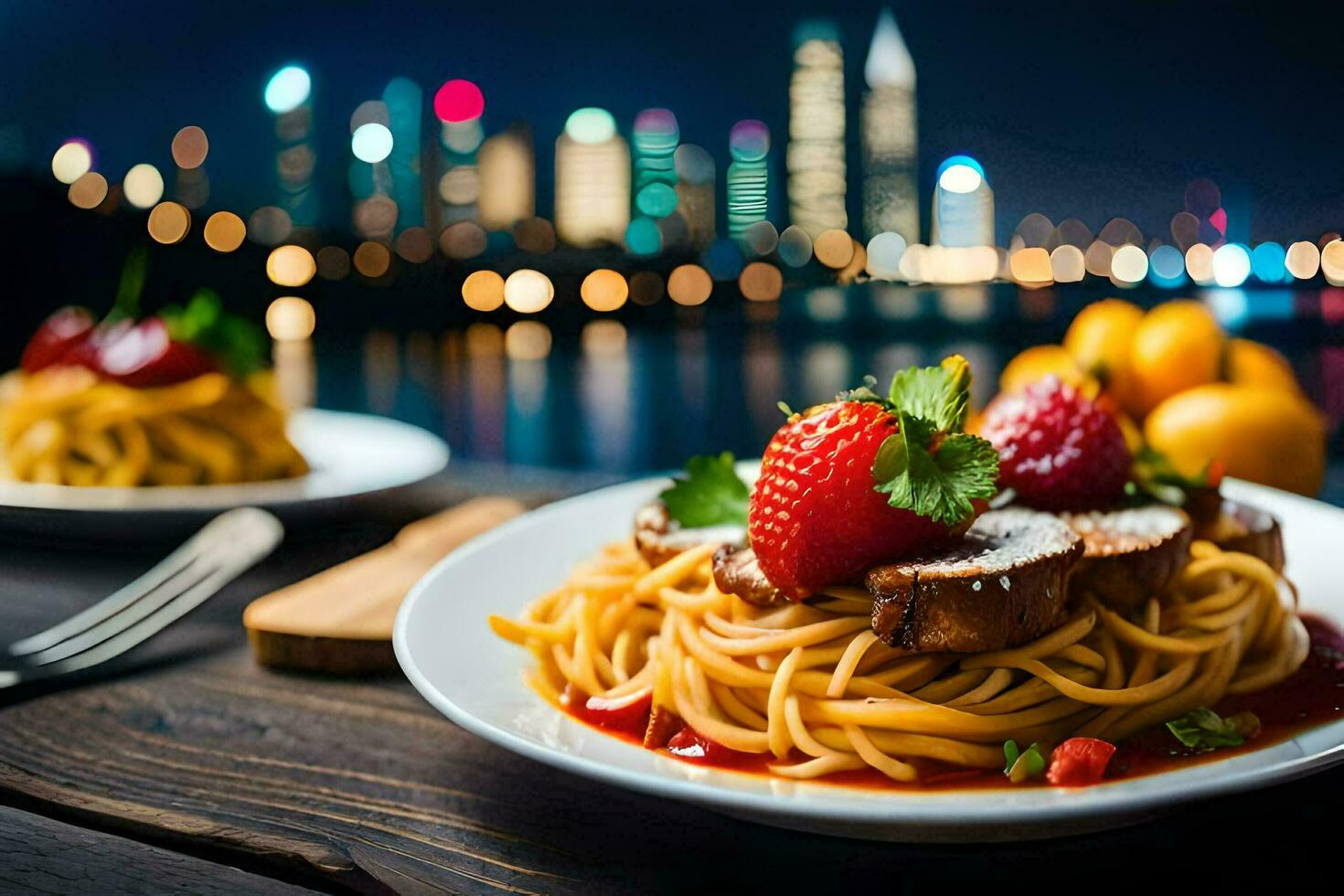 spaghetti with meat and strawberries on a wooden table in front of a cityscape. AI-Generated photo