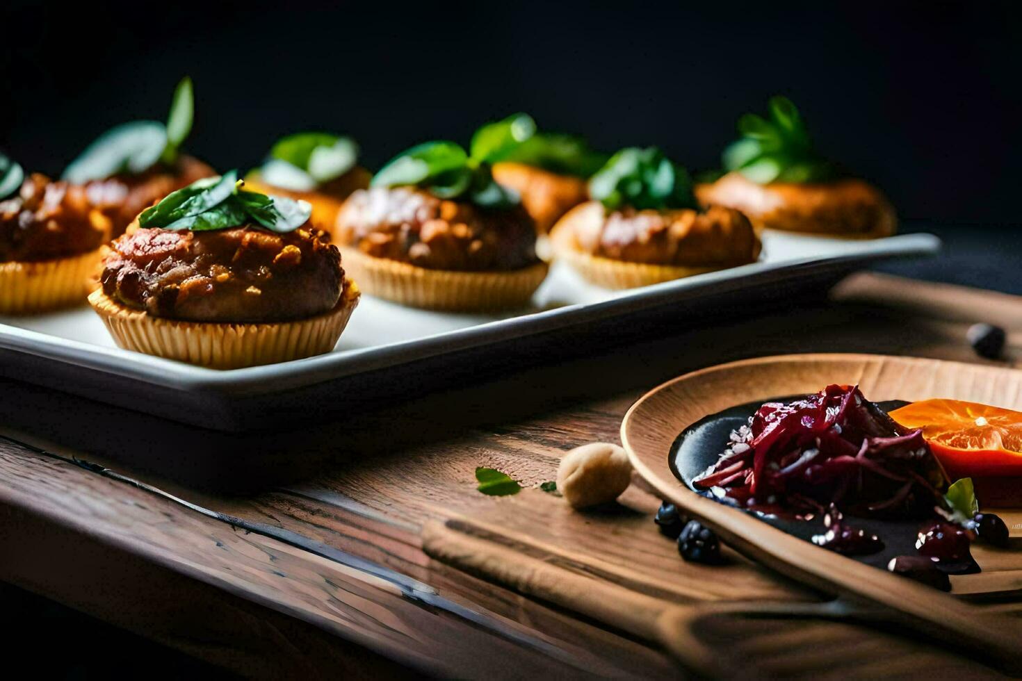 a wooden table topped with mini muffins. AI-Generated photo