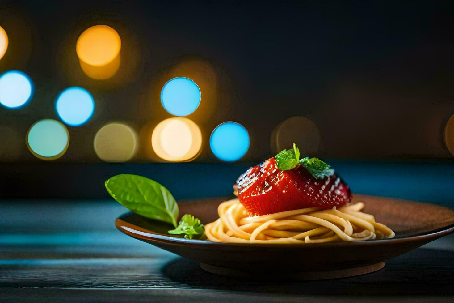 spaghetti with tomato and basil on a wooden plate. AI-Generated photo
