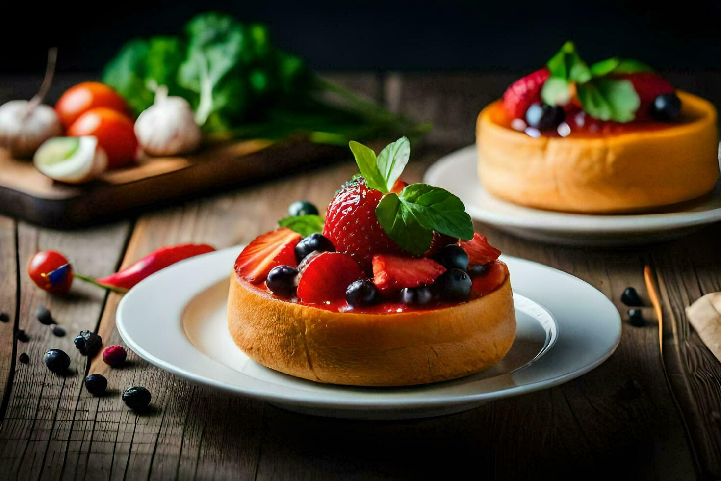 two small cakes with berries and herbs on a wooden table. AI-Generated photo