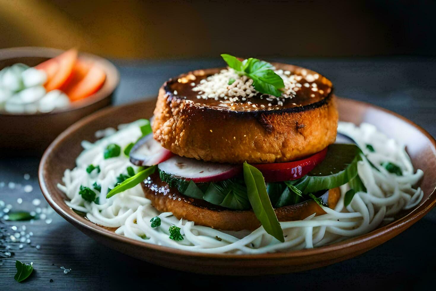 un plato con un hamburguesa y tallarines en él. generado por ai foto