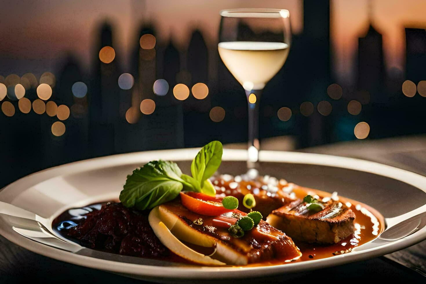 a plate of food with wine and a glass of wine. AI-Generated photo