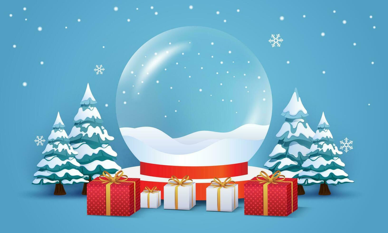 Christmas and winter background. empty glass ball with pile of Christmas gifts vector