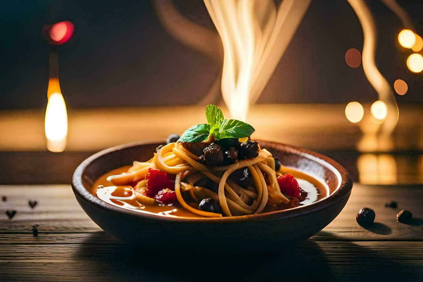 espaguetis con negro frijoles y Tomates en un bol. generado por ai foto