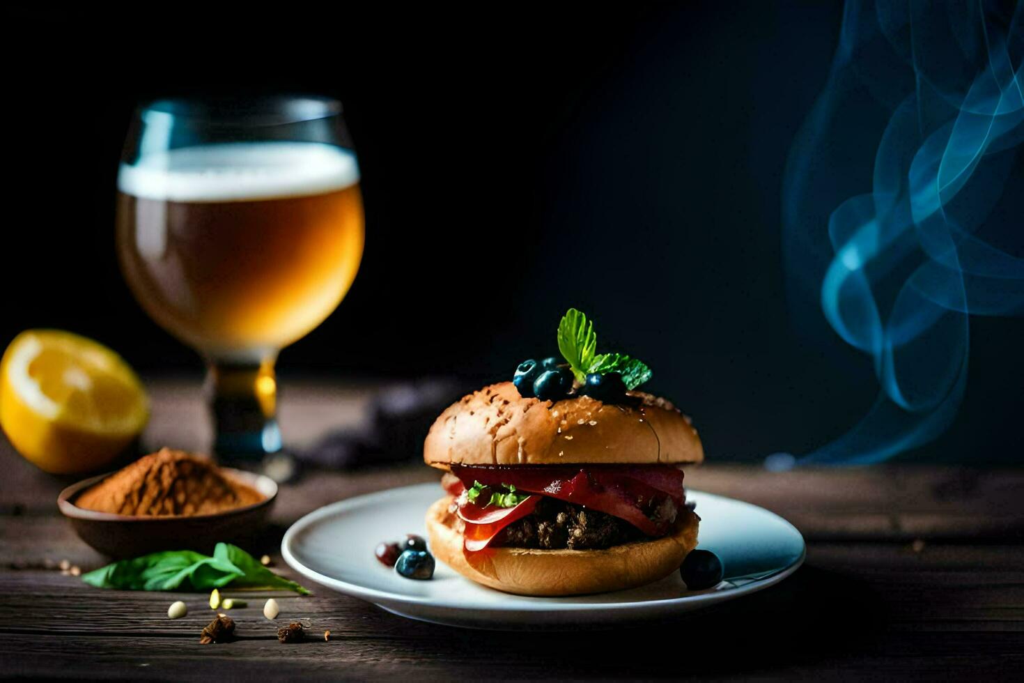 a burger with blueberries and a glass of beer. AI-Generated photo