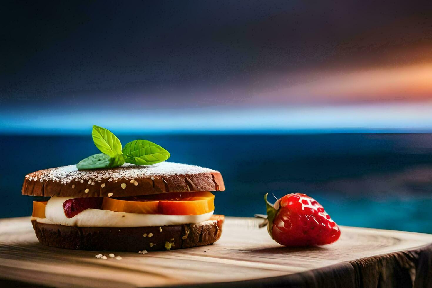 a sandwich with strawberries and cream on a wooden board. AI-Generated photo