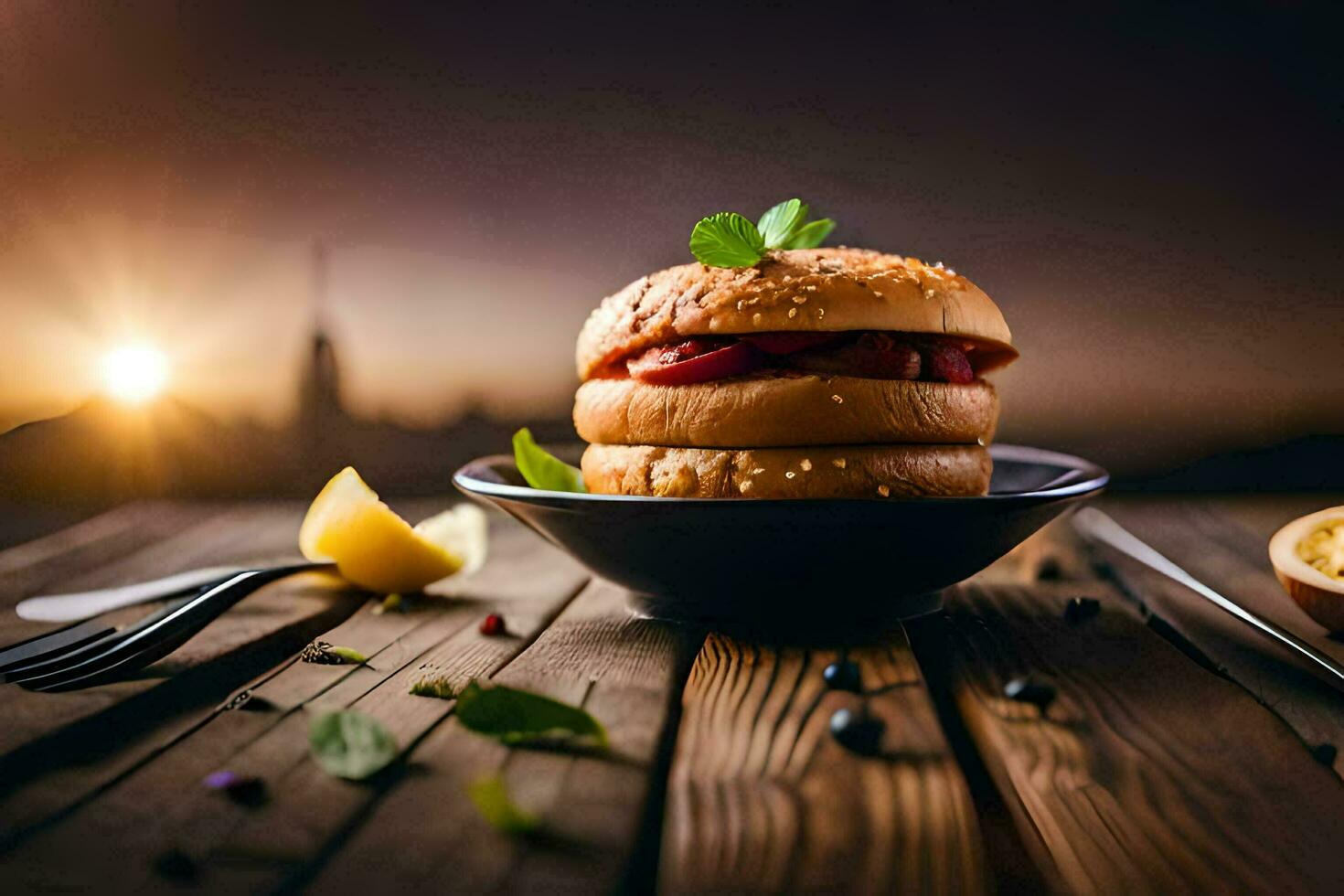 a hamburger on a plate with a slice of lemon. AI-Generated photo