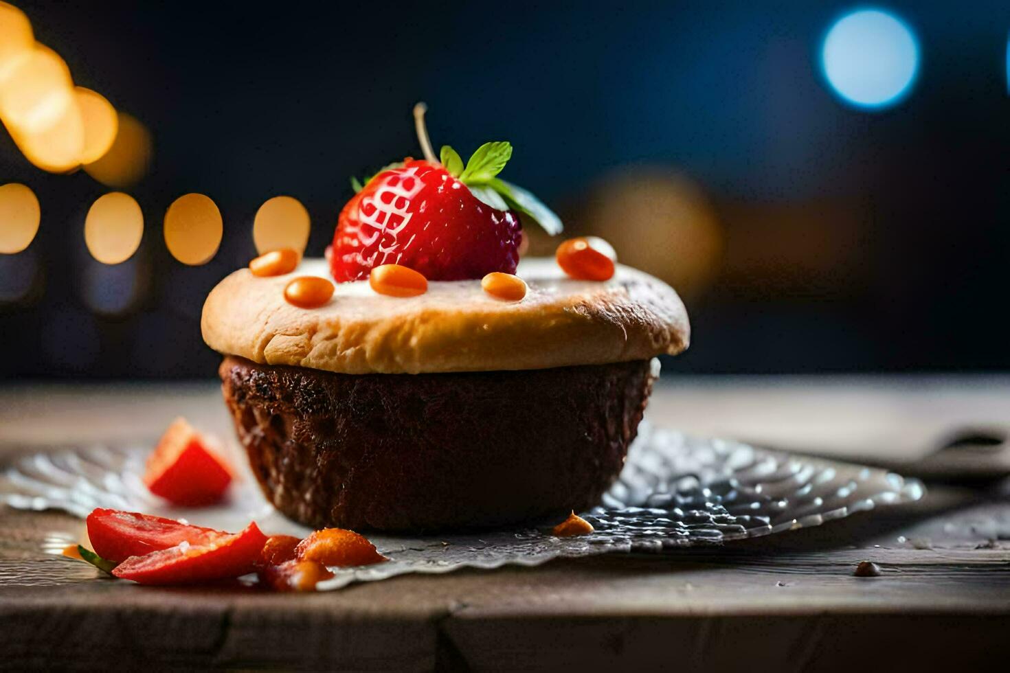 a cupcake with strawberries and cream on a wooden table. AI-Generated photo