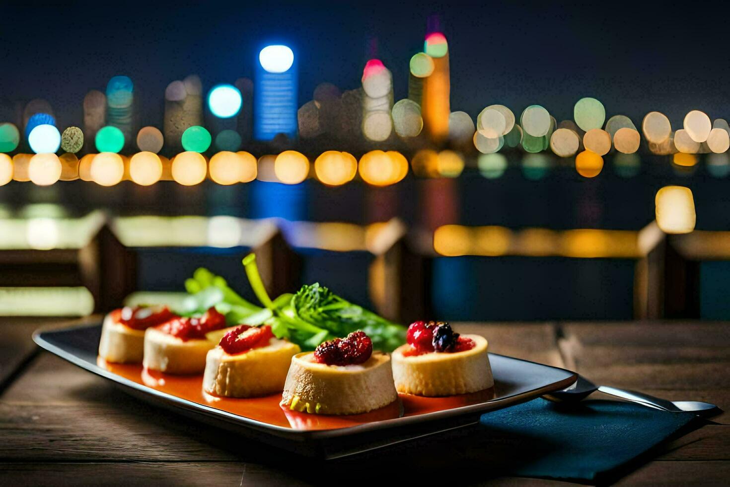 a plate of dessert with a cityscape in the background. AI-Generated photo