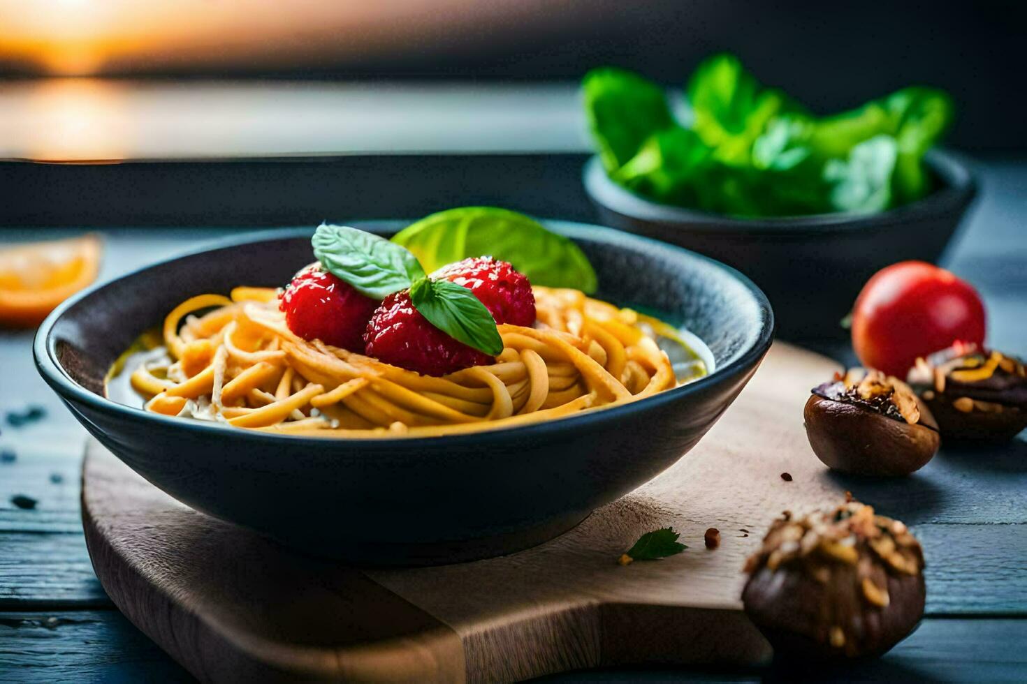 spaghetti with fresh tomatoes and basil leaves in a bowl. AI-Generated photo