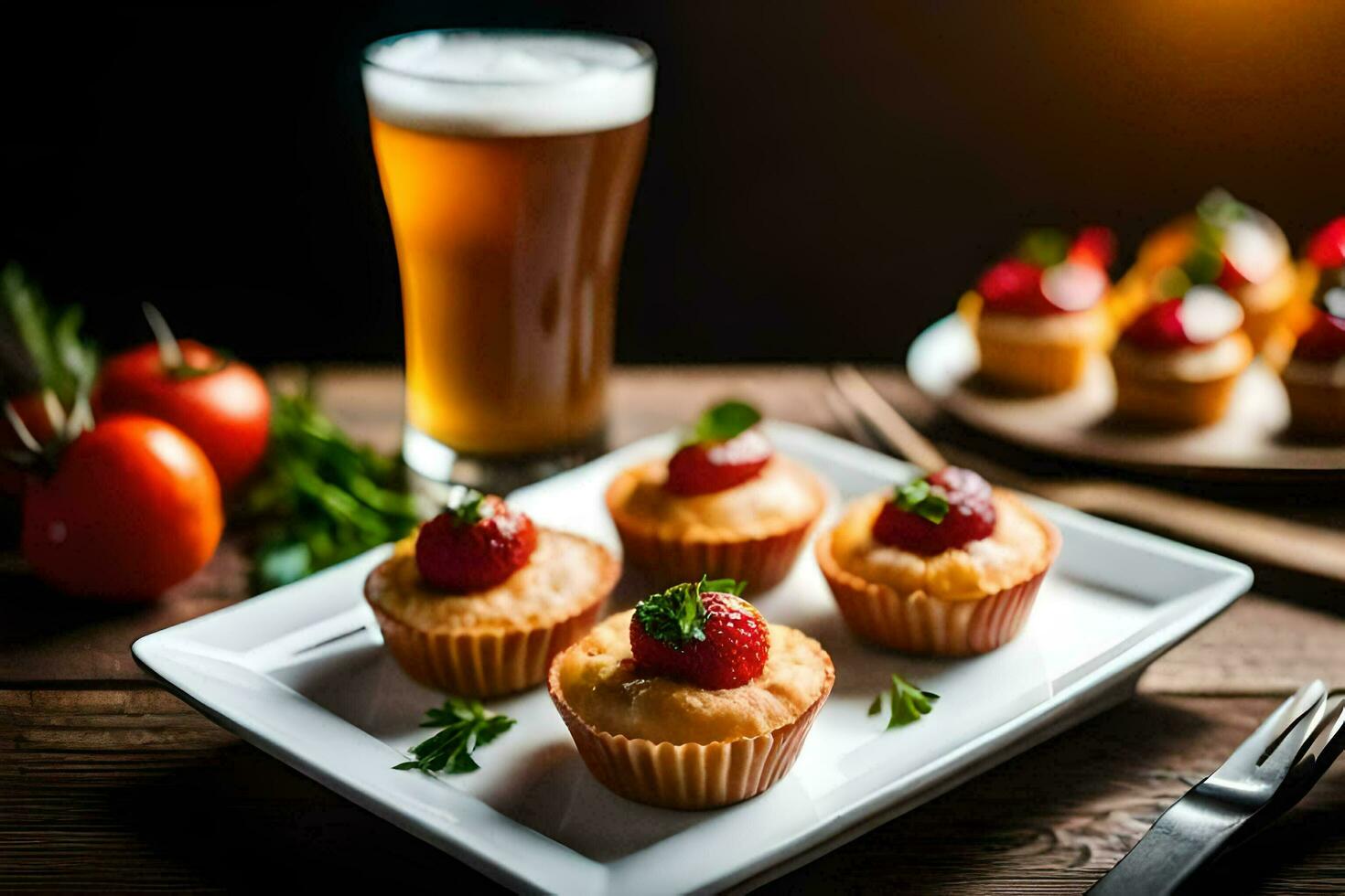 small cupcakes with strawberries on a plate next to a glass of beer. AI-Generated photo