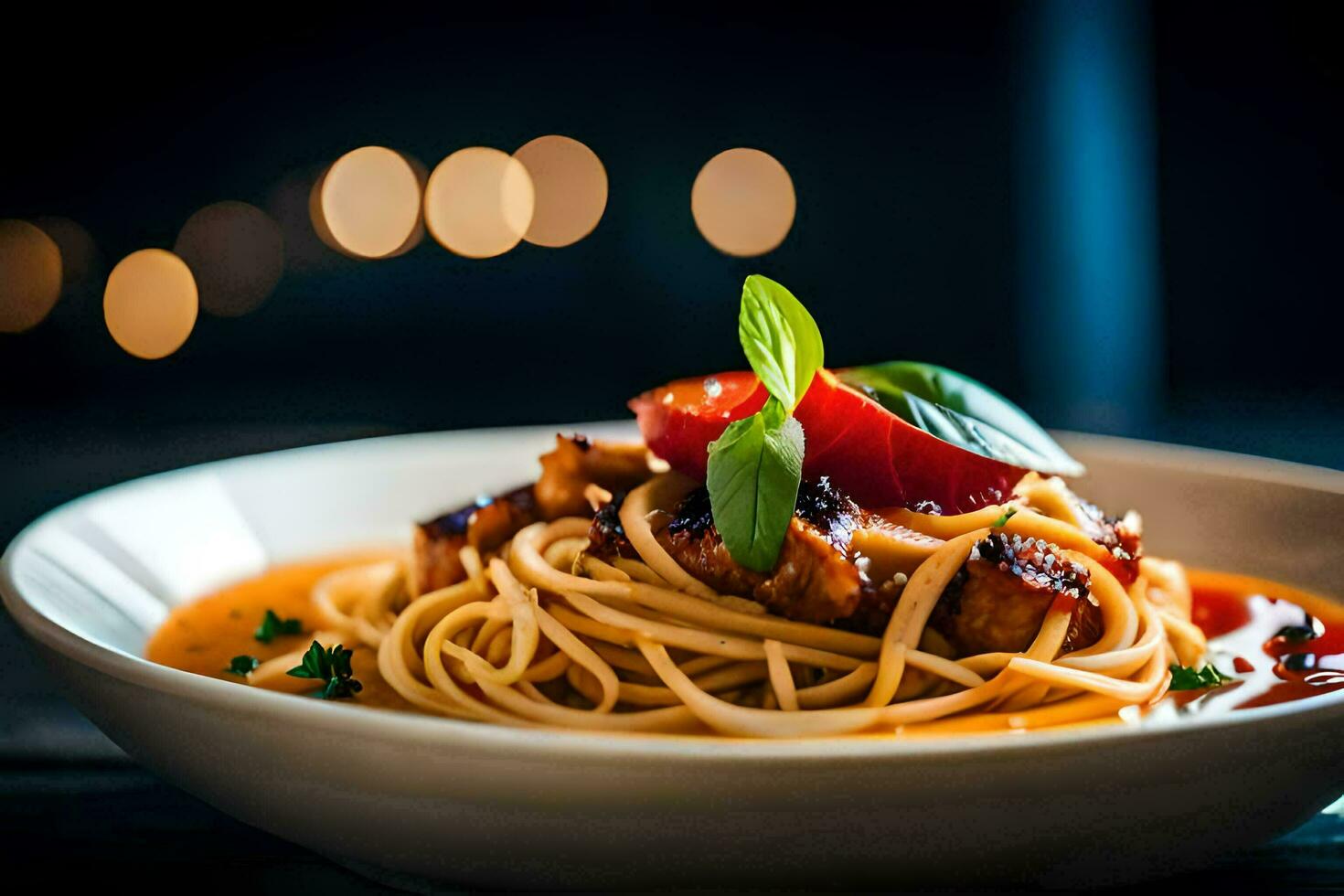 spaghetti with meat and tomato sauce on a plate. AI-Generated photo