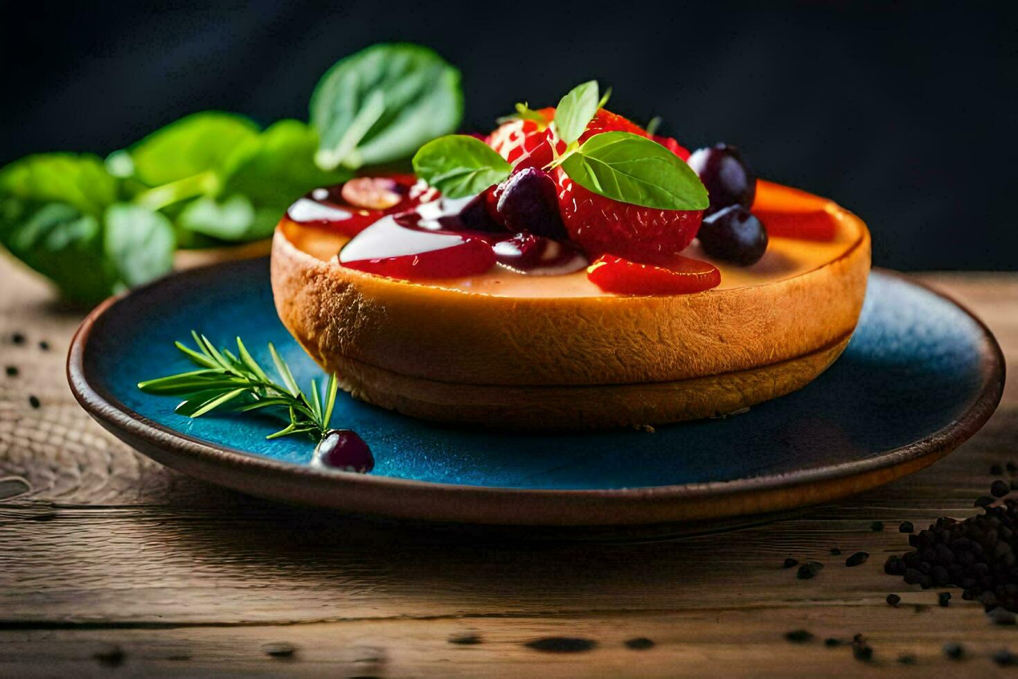 a dessert with berries and herbs on a plate. AI-Generated photo
