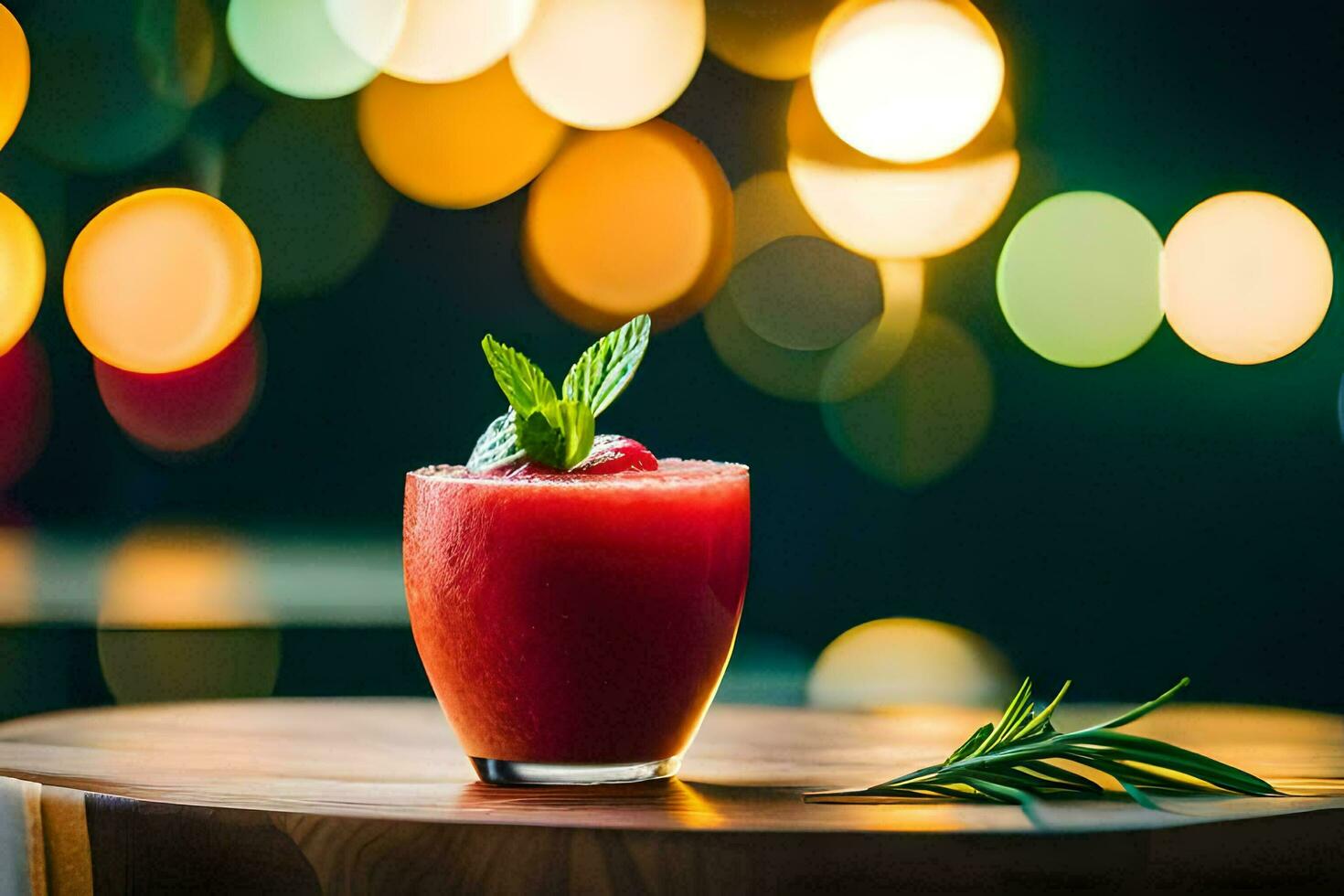 a red drink with mint leaves on top of a wooden table. AI-Generated photo