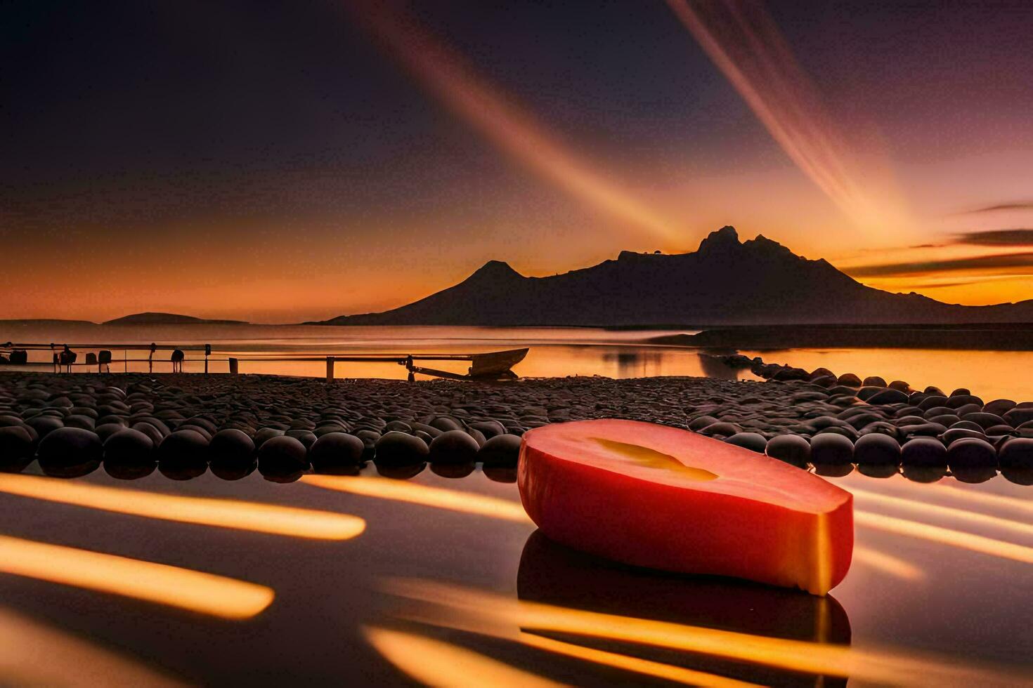 un rojo manzana sentado en el agua con un montaña en el antecedentes. generado por ai foto