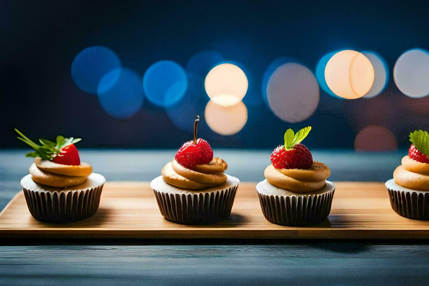 four cupcakes on a wooden tray with a blurry background. AI-Generated photo