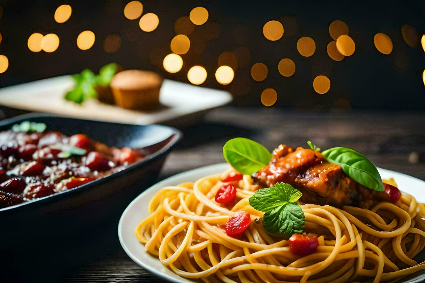 spaghetti with meat and tomato sauce on a wooden table. AI-Generated photo