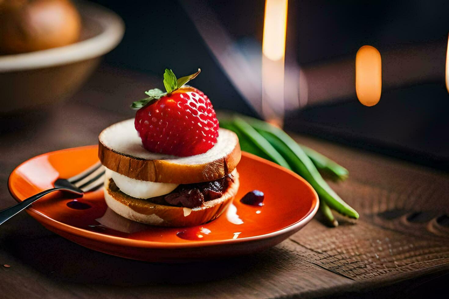 a strawberry and cheese sandwich on an orange plate. AI-Generated photo