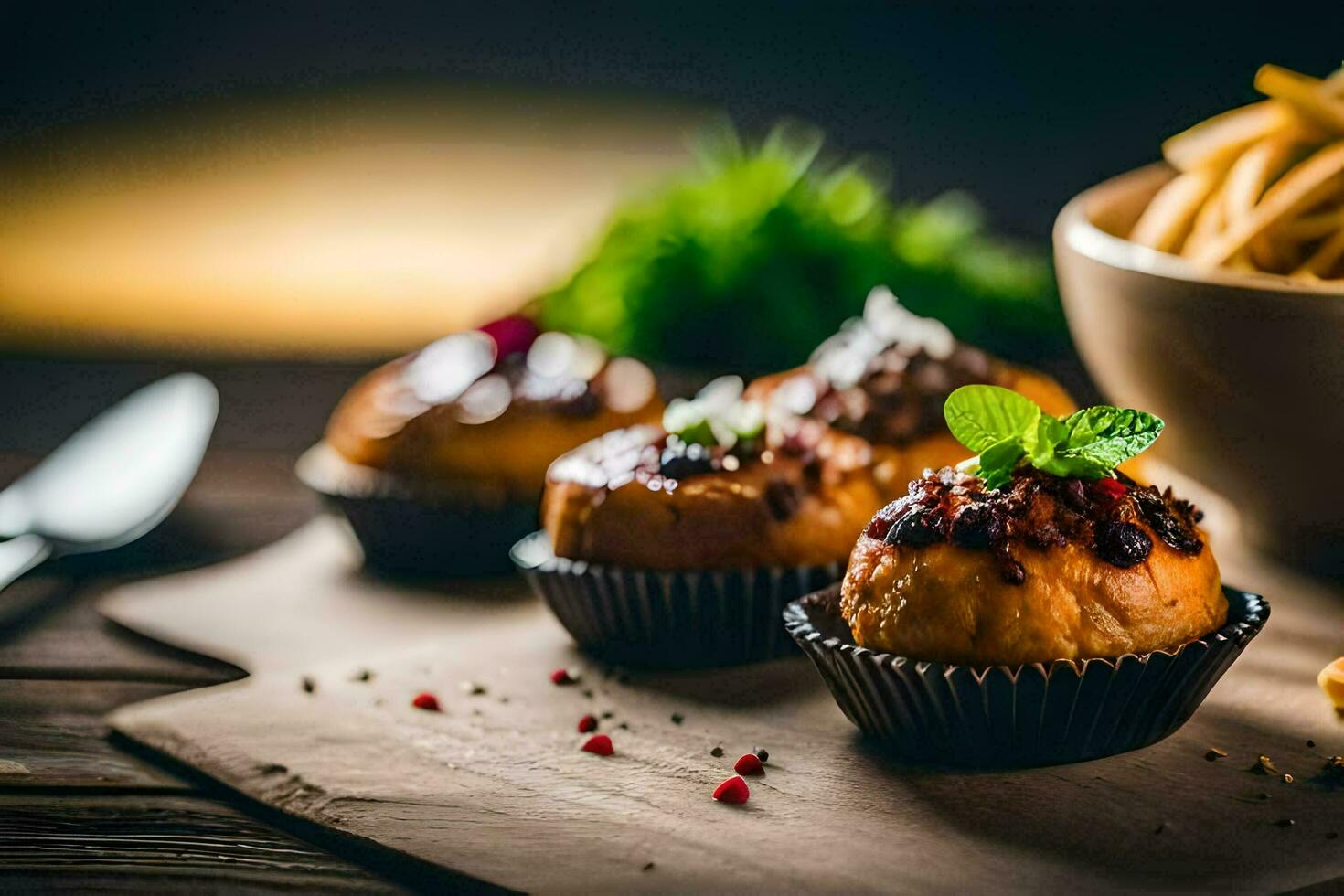 a wooden table with some food and a bowl of fries. AI-Generated photo