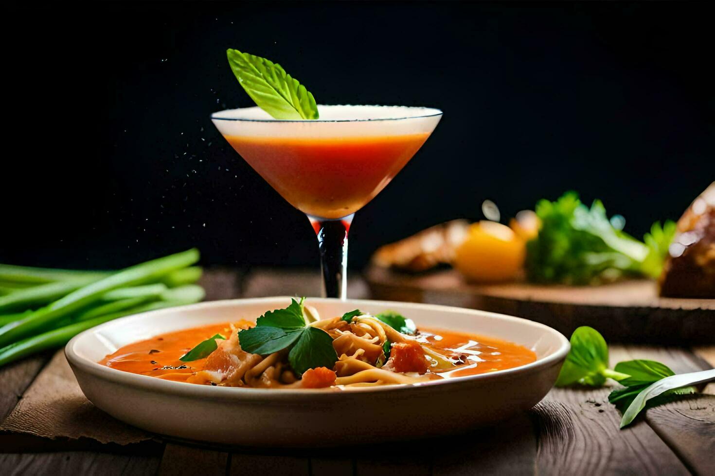 a bowl of soup with a martini glass on a table. AI-Generated photo