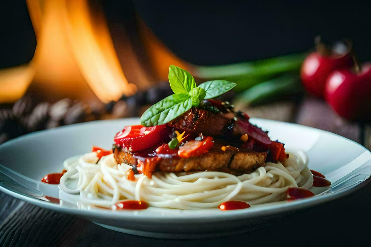 a plate of spaghetti with meat and sauce on a wooden table. AI-Generated photo