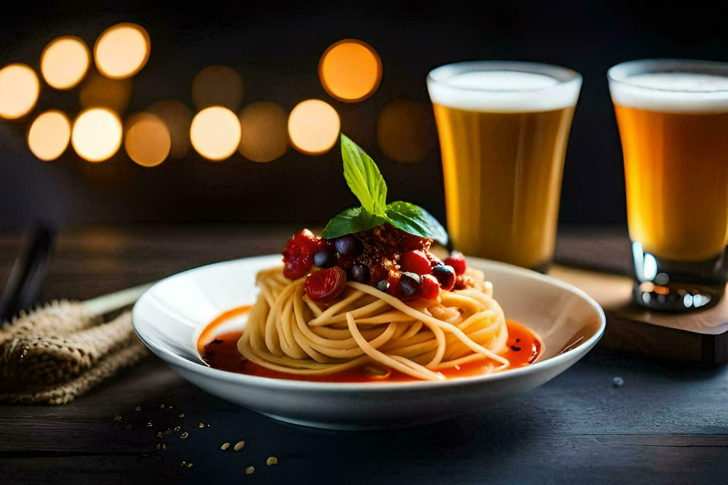 spaghetti with tomato sauce and beer on a wooden table. AI-Generated photo