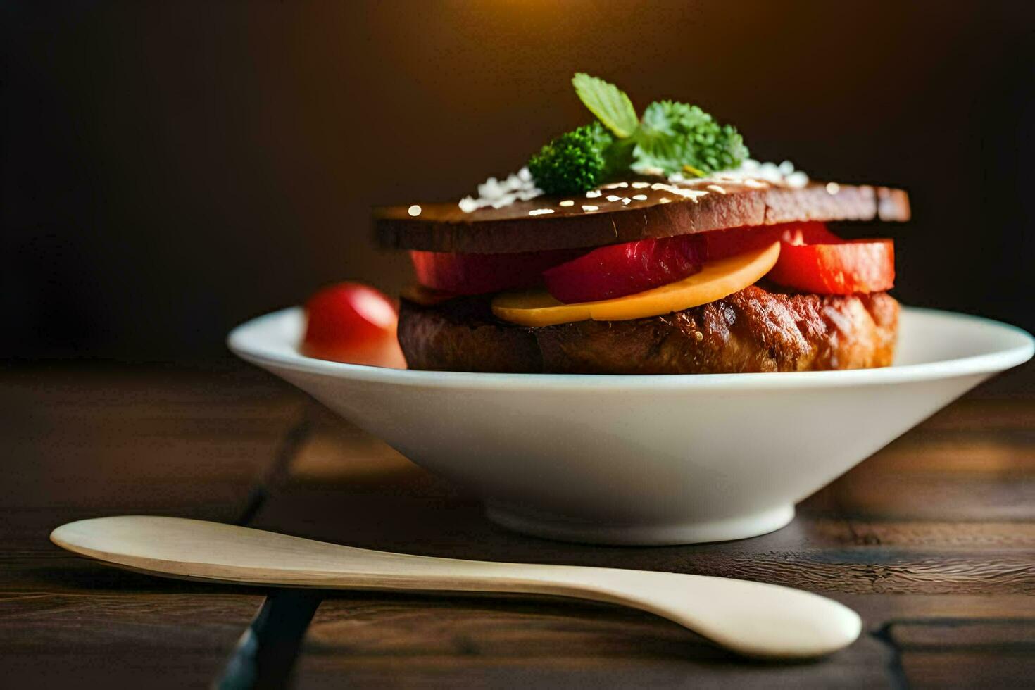 un hamburguesa con Tomates y queso en un lámina. generado por ai foto