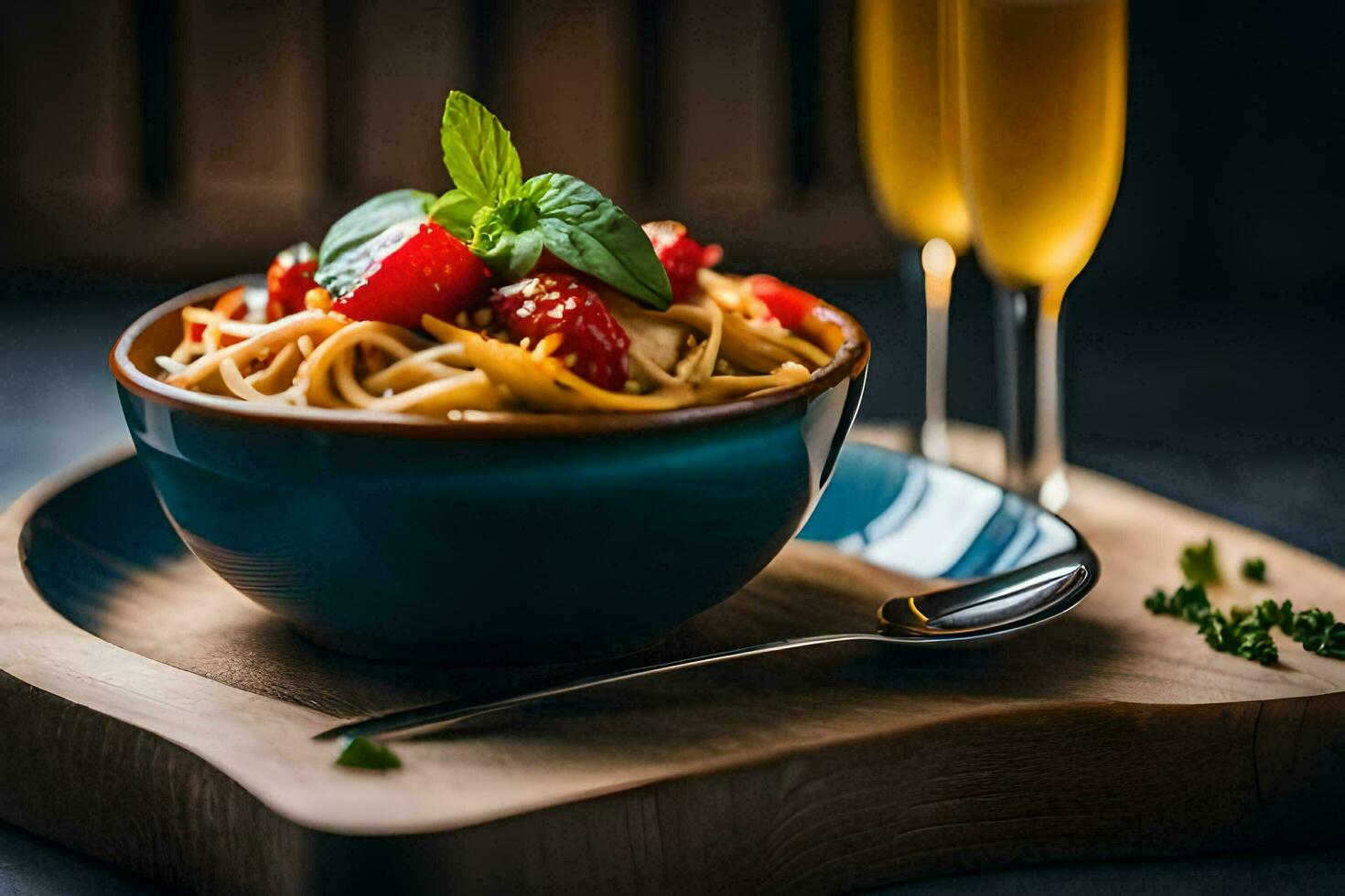 a bowl of pasta with tomatoes and basil leaves. AI-Generated photo