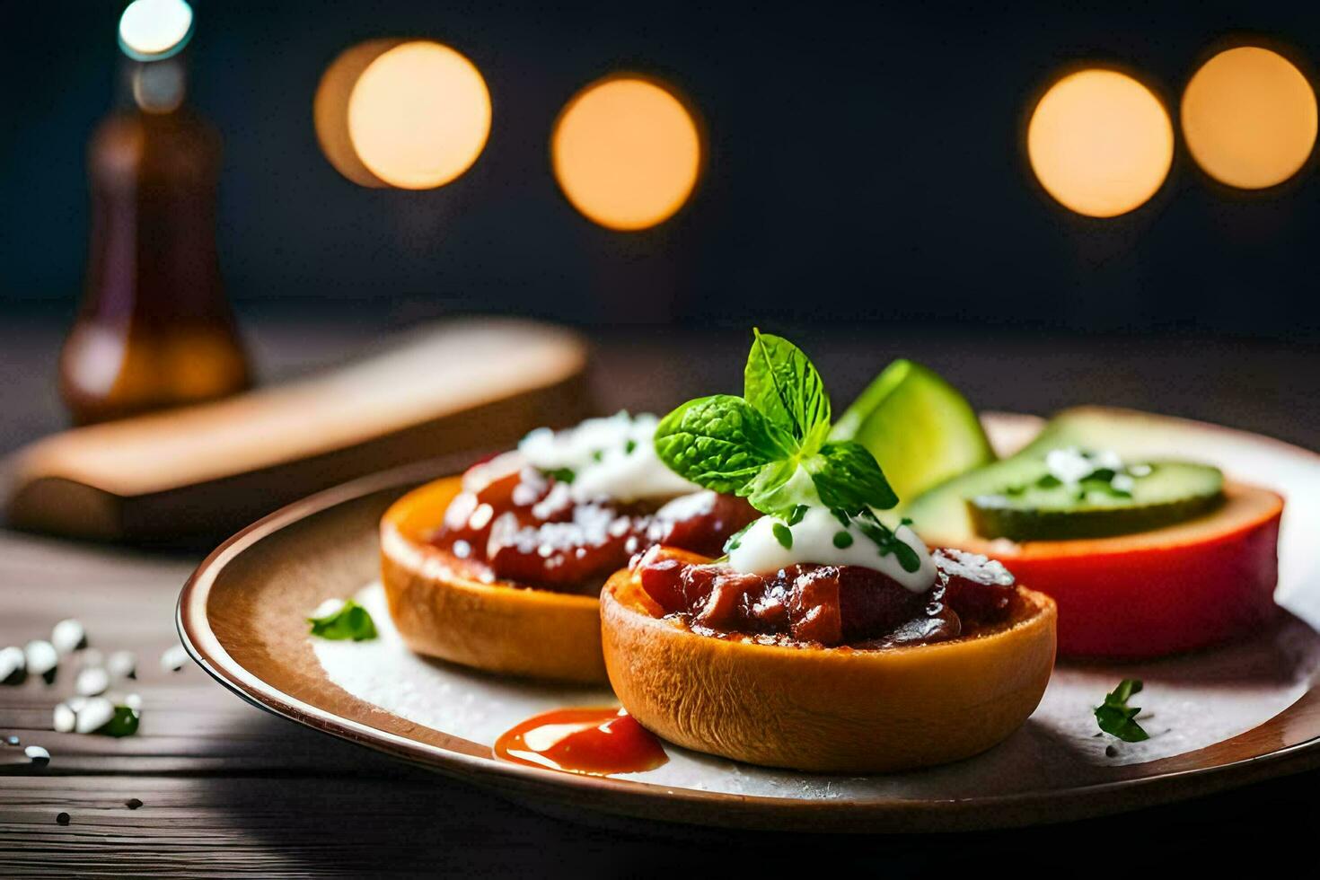 dos mini relleno pimientos en un plato con tomate y Pepino. generado por ai foto