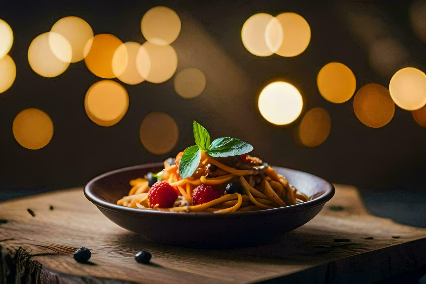a plate of pasta with berries and mint leaves on a wooden table. AI-Generated photo