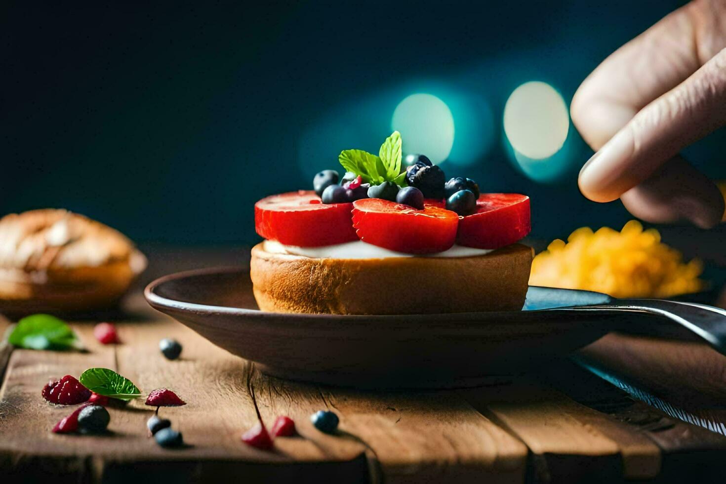 a person is holding a piece of cake with berries and cream. AI-Generated photo