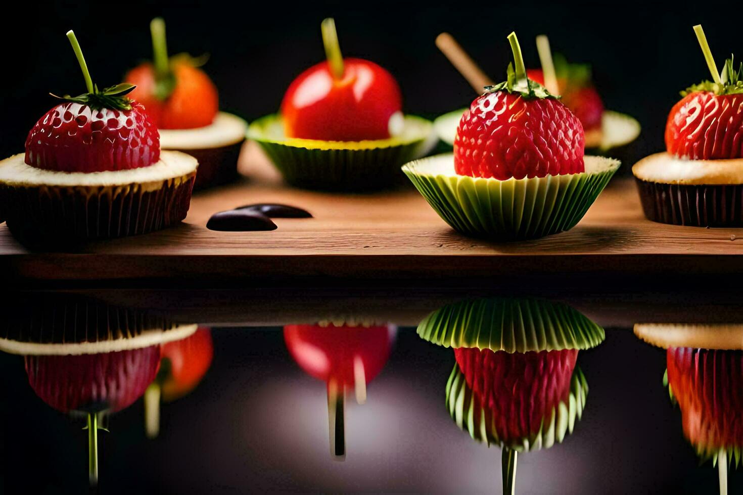 a wooden tray with cupcakes and strawberries. AI-Generated photo