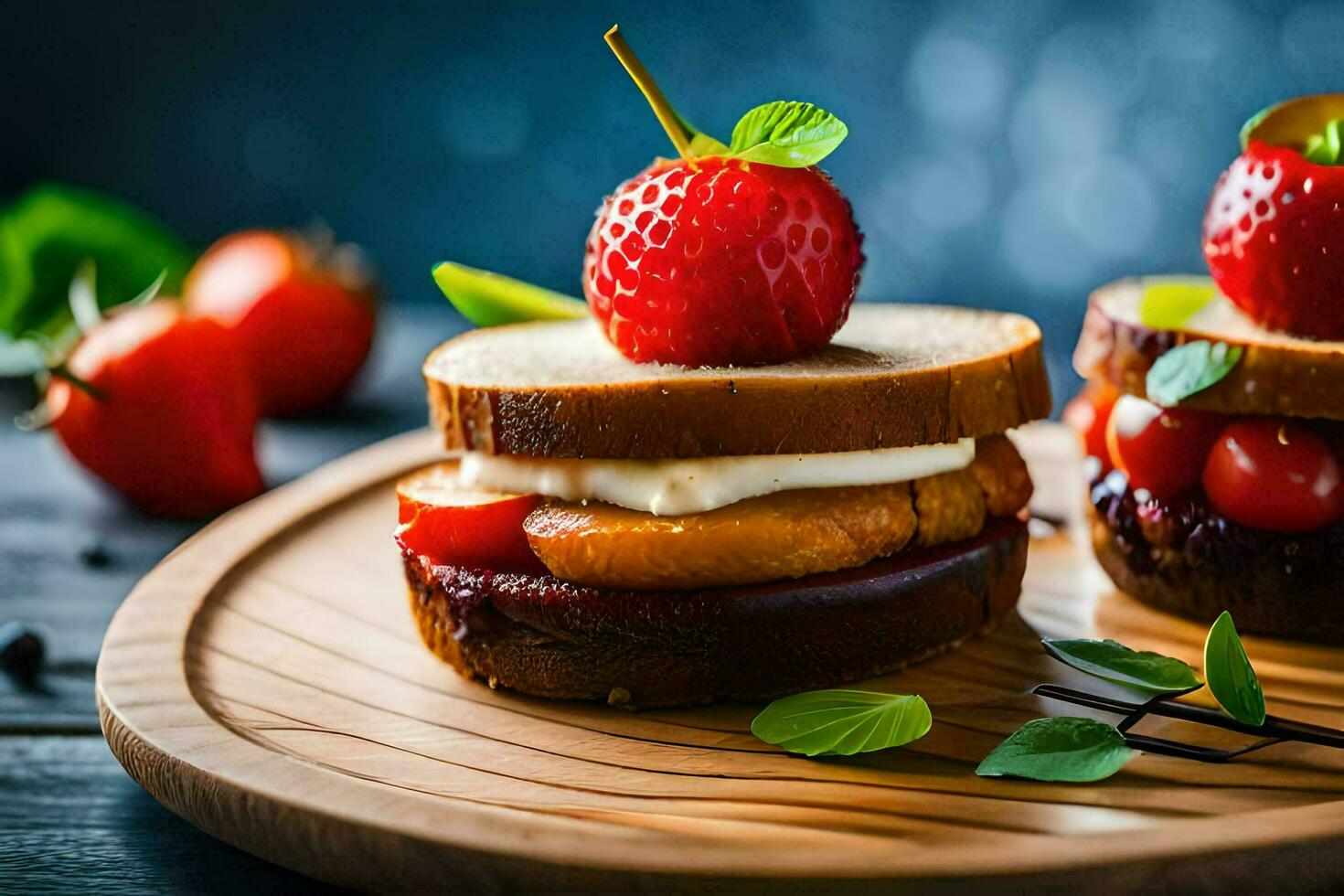 two sandwiches with strawberries and cream on top. AI-Generated photo