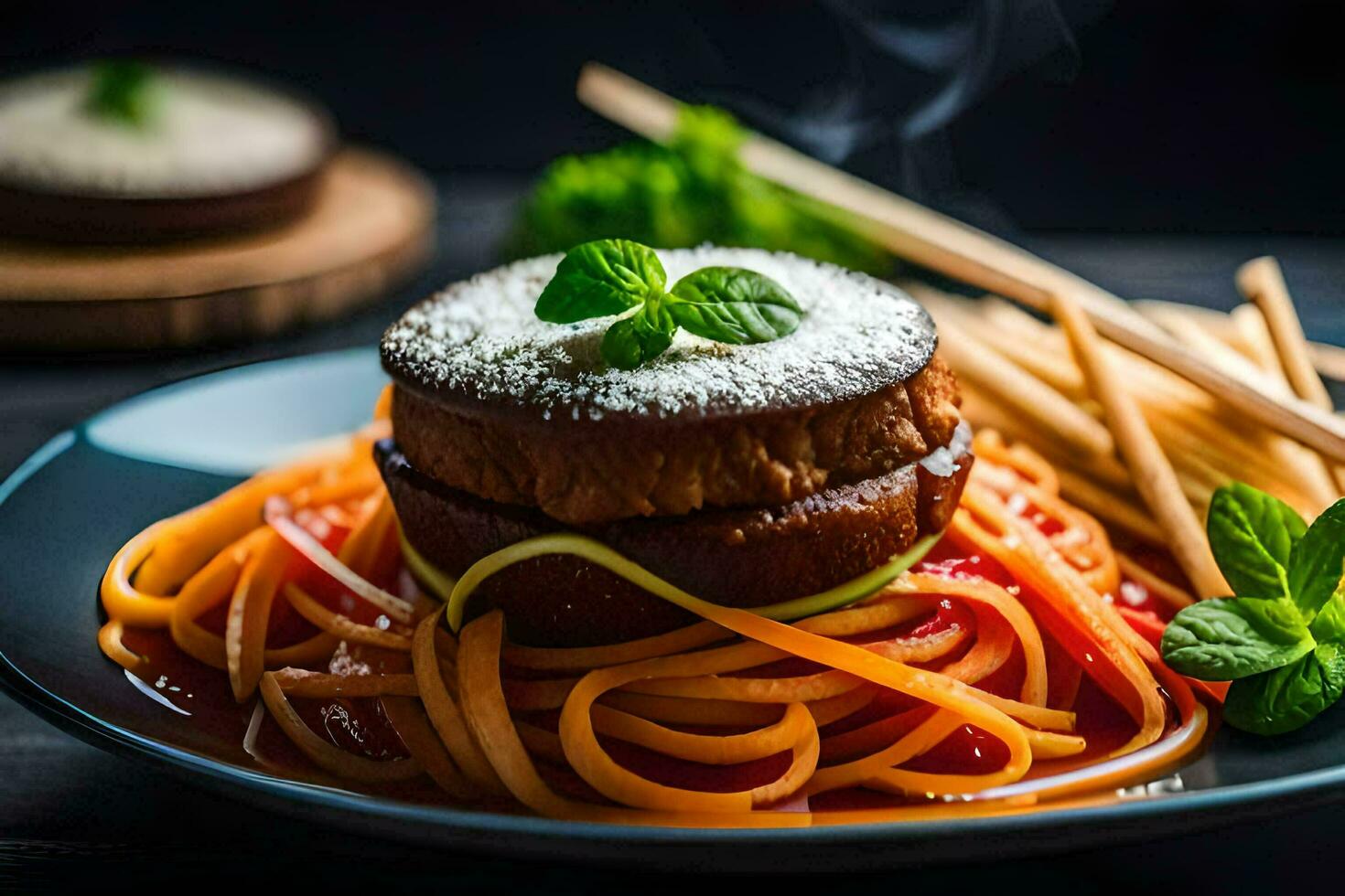 a plate of spaghetti with meat and vegetables. AI-Generated photo