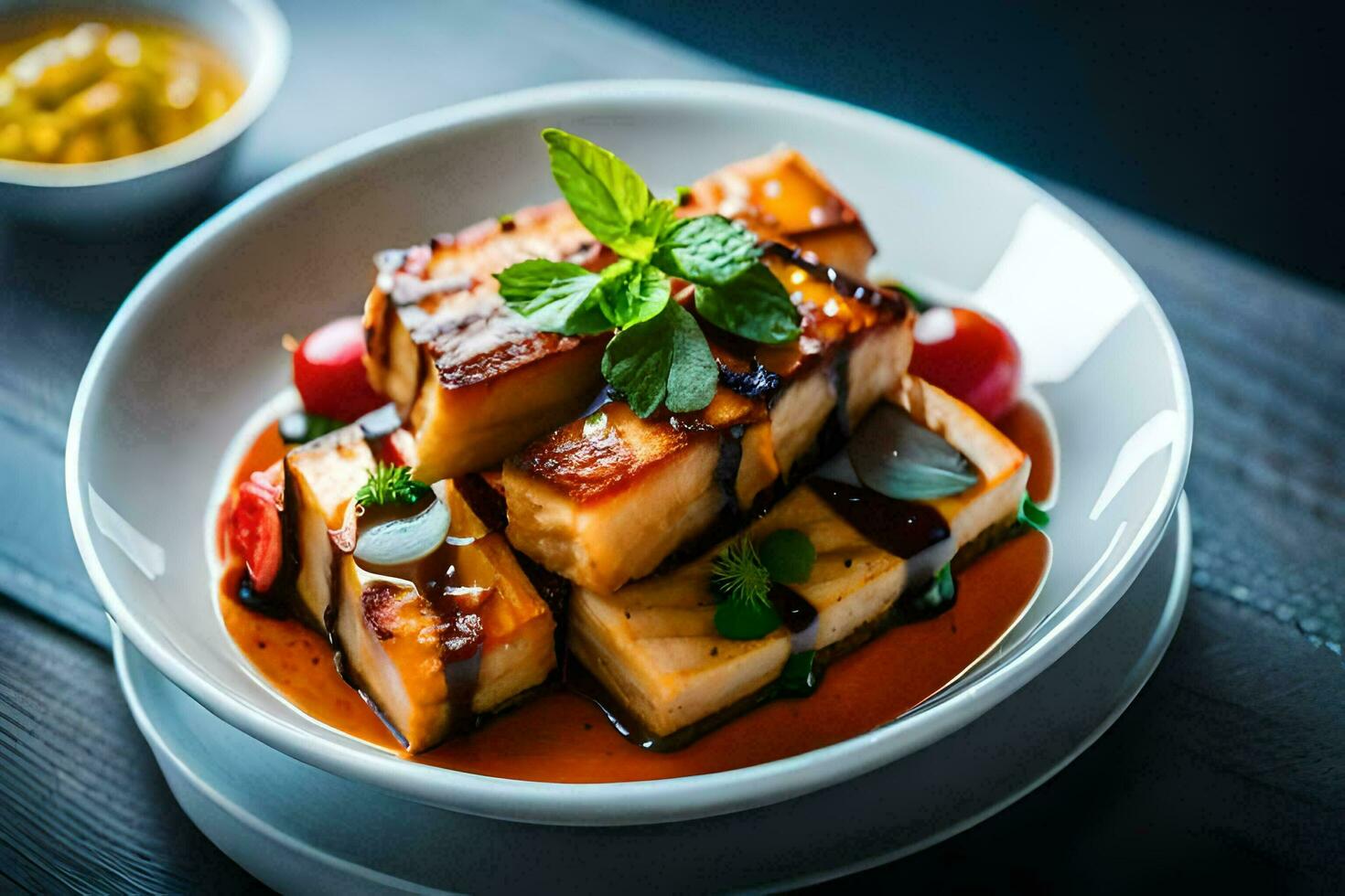 un plato de tofu con salsa y guarnación. generado por ai foto