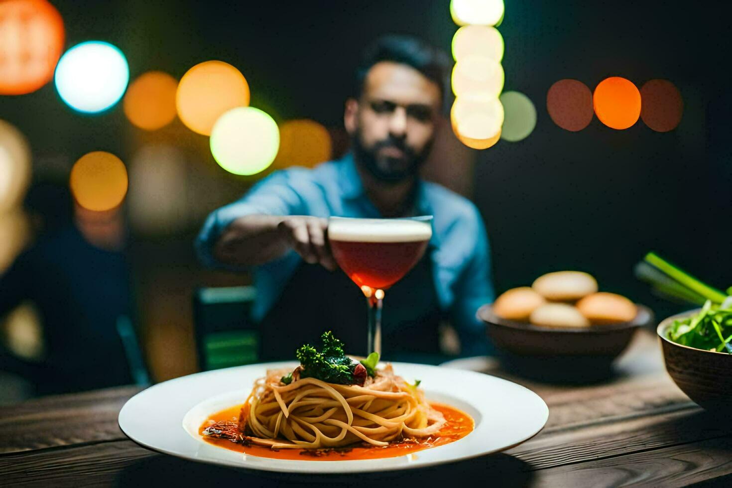 a man is holding a glass of wine while sitting at a table with a plate of spaghetti. AI-Generated photo