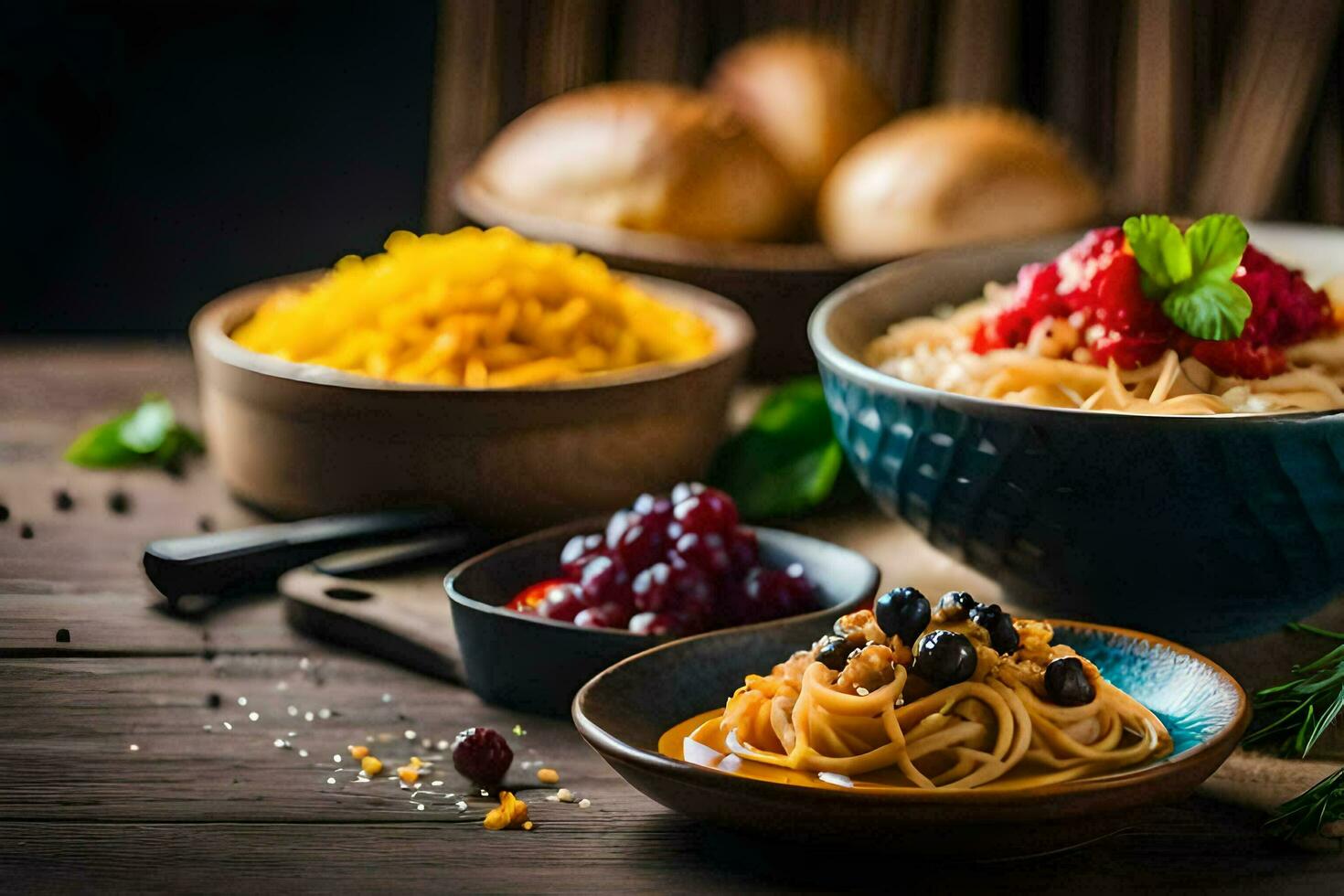 espaguetis, un pan y otro comidas en un mesa. generado por ai foto