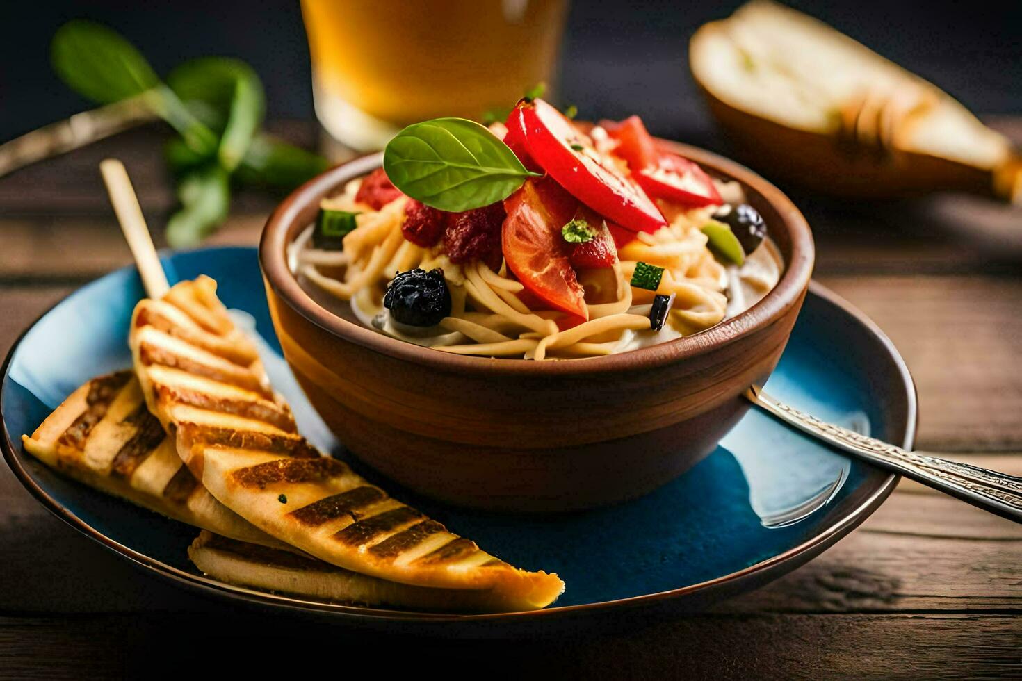 un cuenco de pasta con Tomates y albahaca en un de madera mesa. generado por ai foto