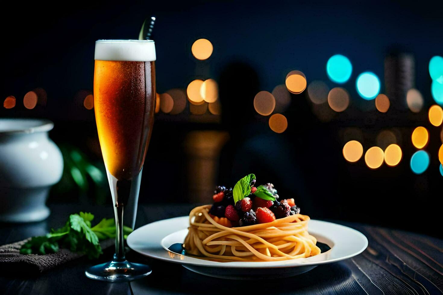 a glass of beer and spaghetti on a table. AI-Generated photo