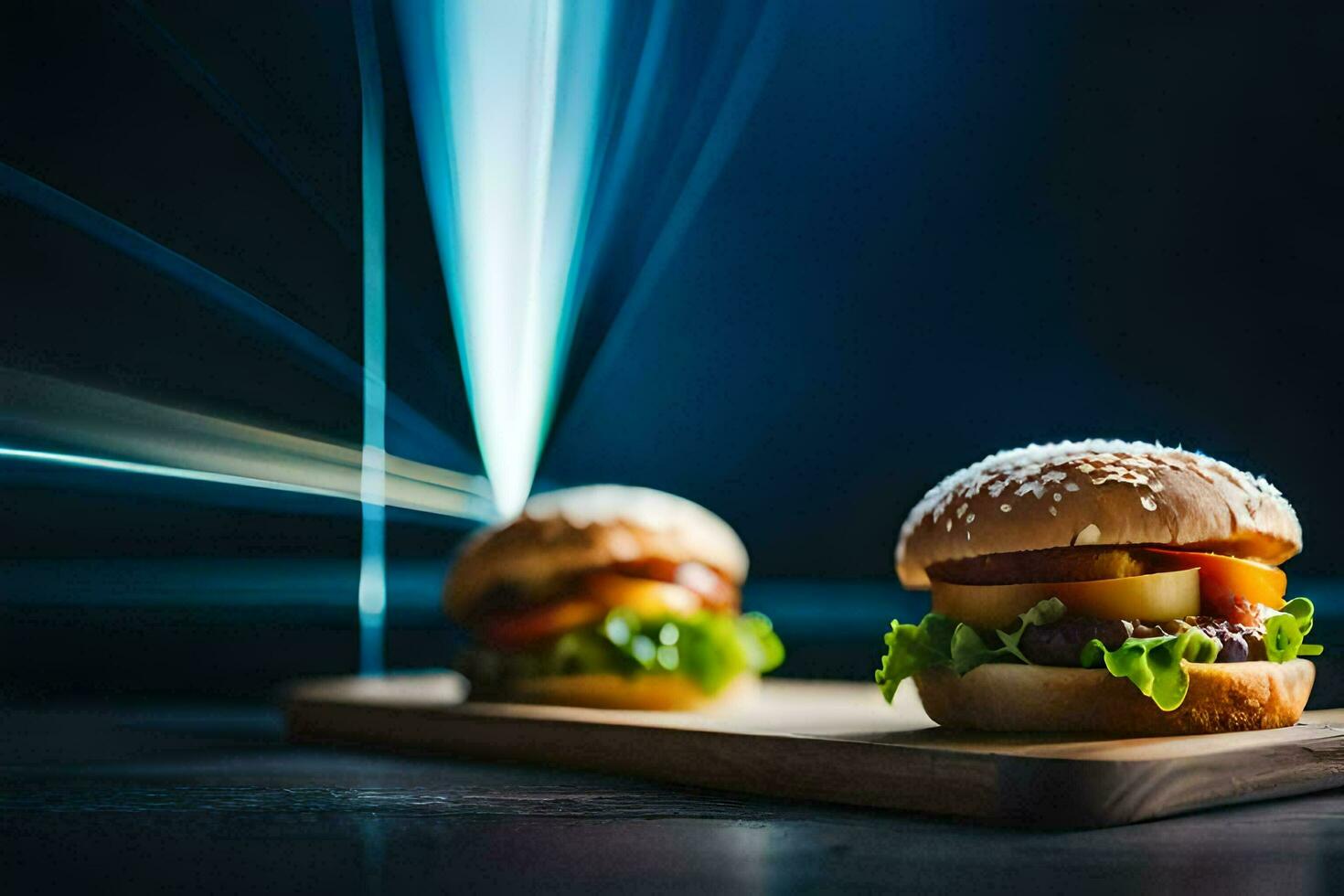 two hamburgers on a cutting board with a light shining on them. AI-Generated photo