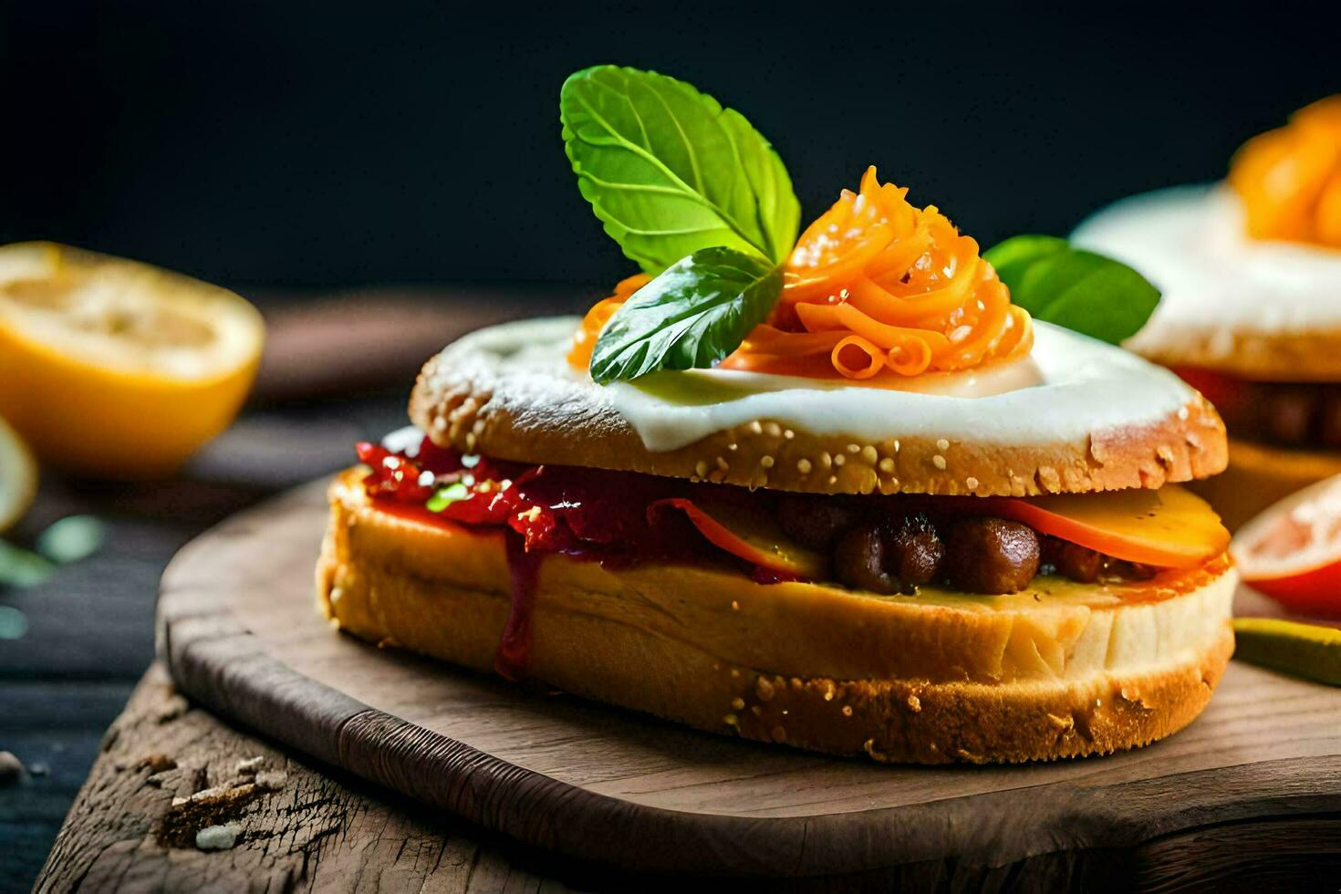 two sandwiches with meat and vegetables on a wooden board. AI-Generated photo